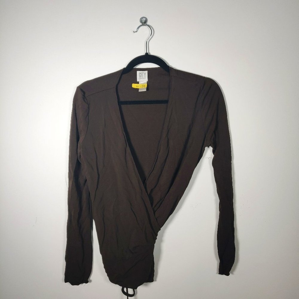 0005 DKNY long sleeve brown wrap shirt